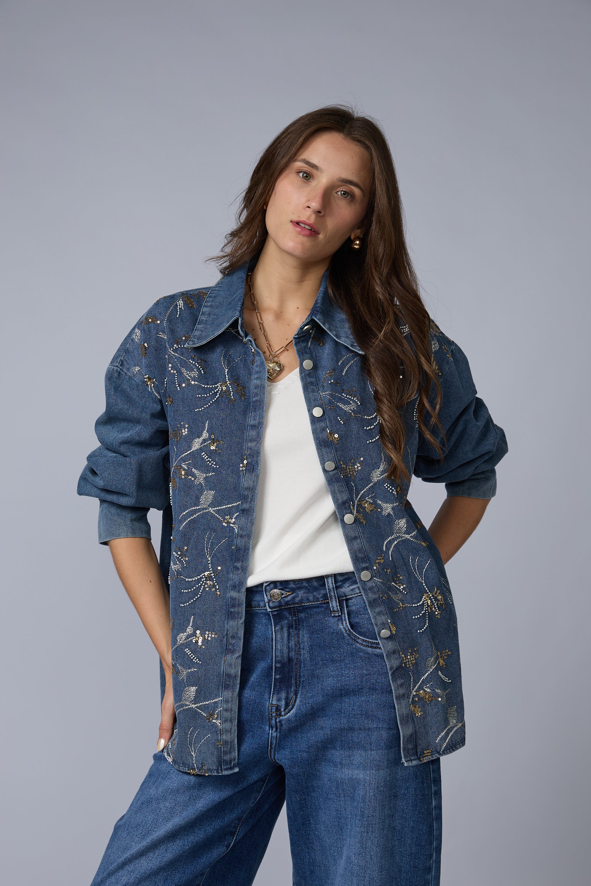 Blusa Denim Borbada Lentejuelas