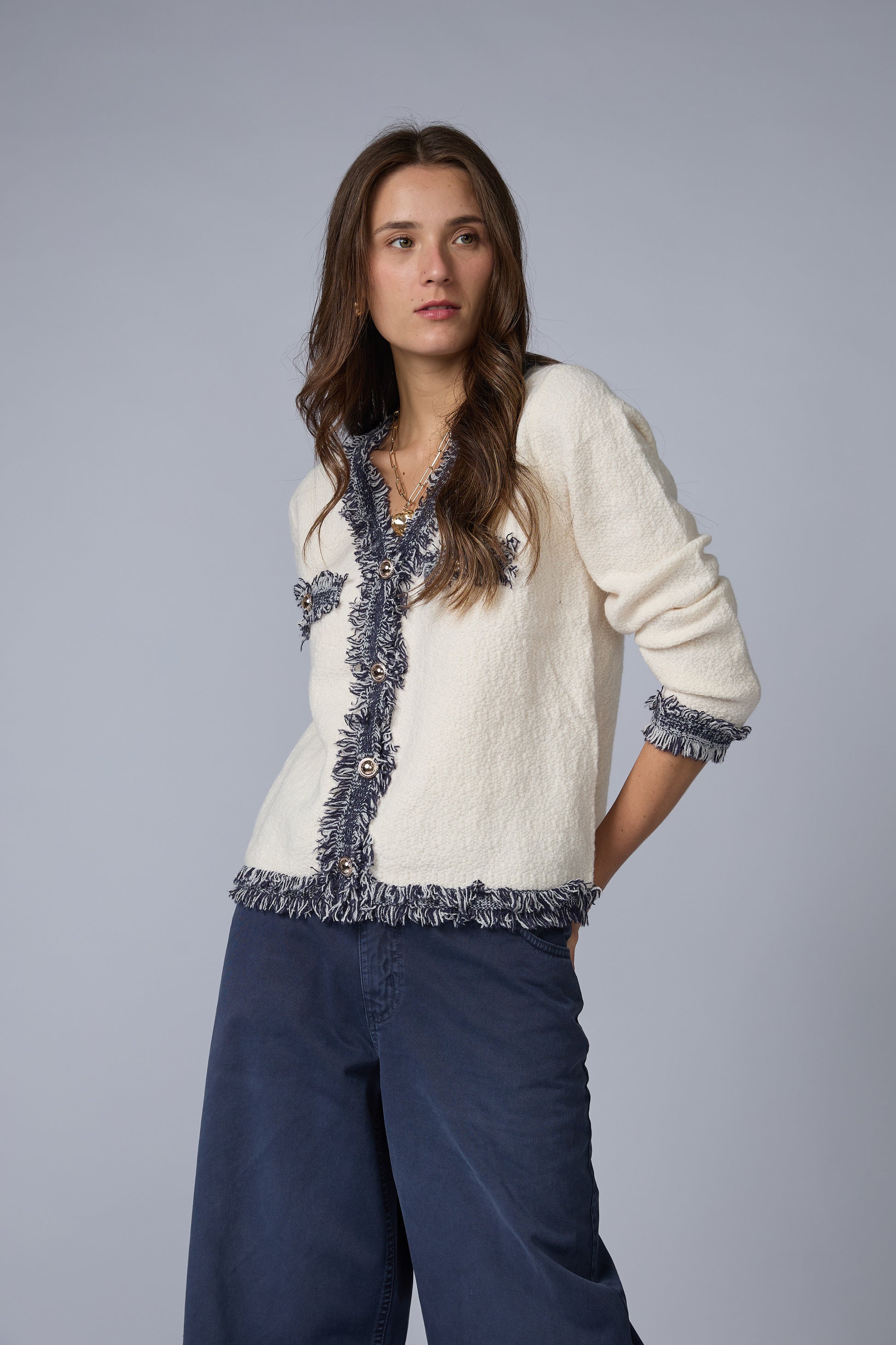 Cardigan Tramado Pechera Desflecada