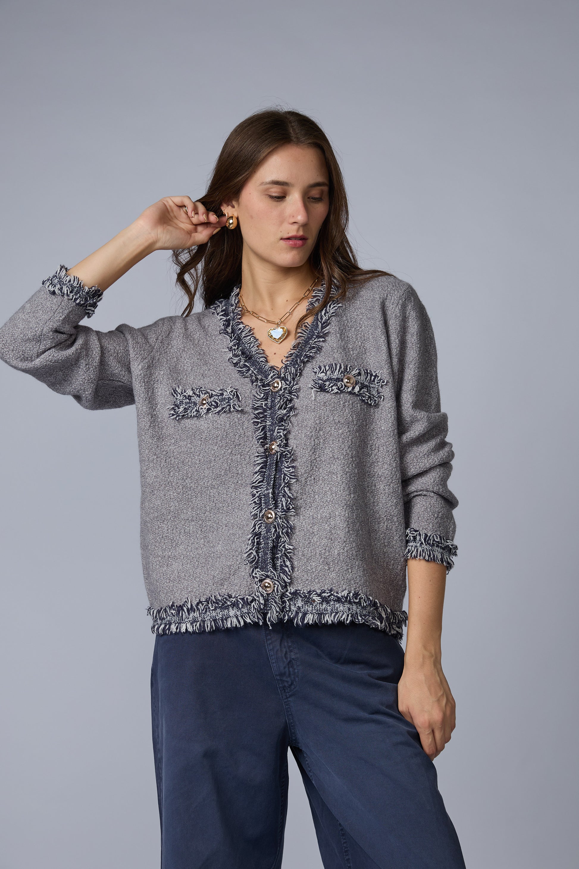 Cardigan Tramado Pechera Desflecada