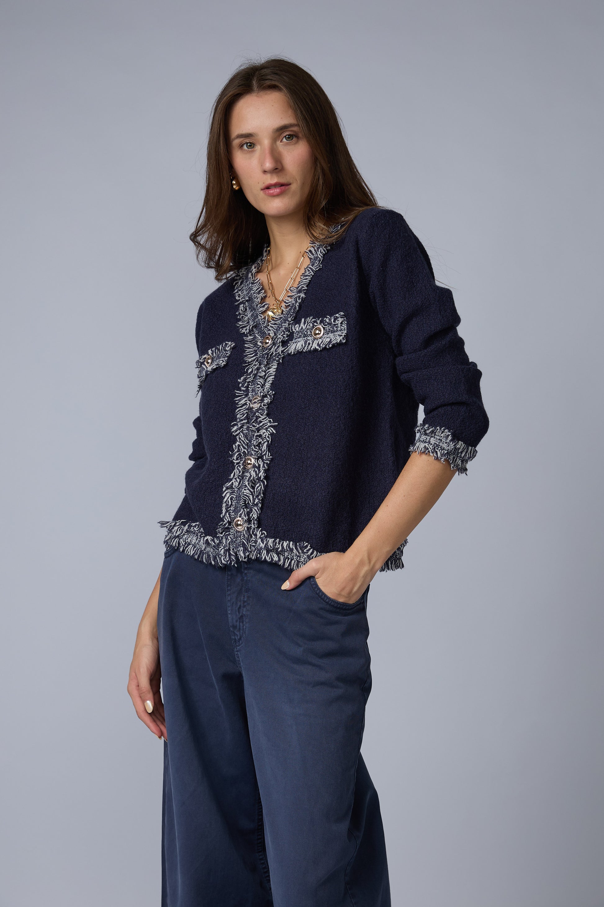 Cardigan Tramado Pechera Desflecada