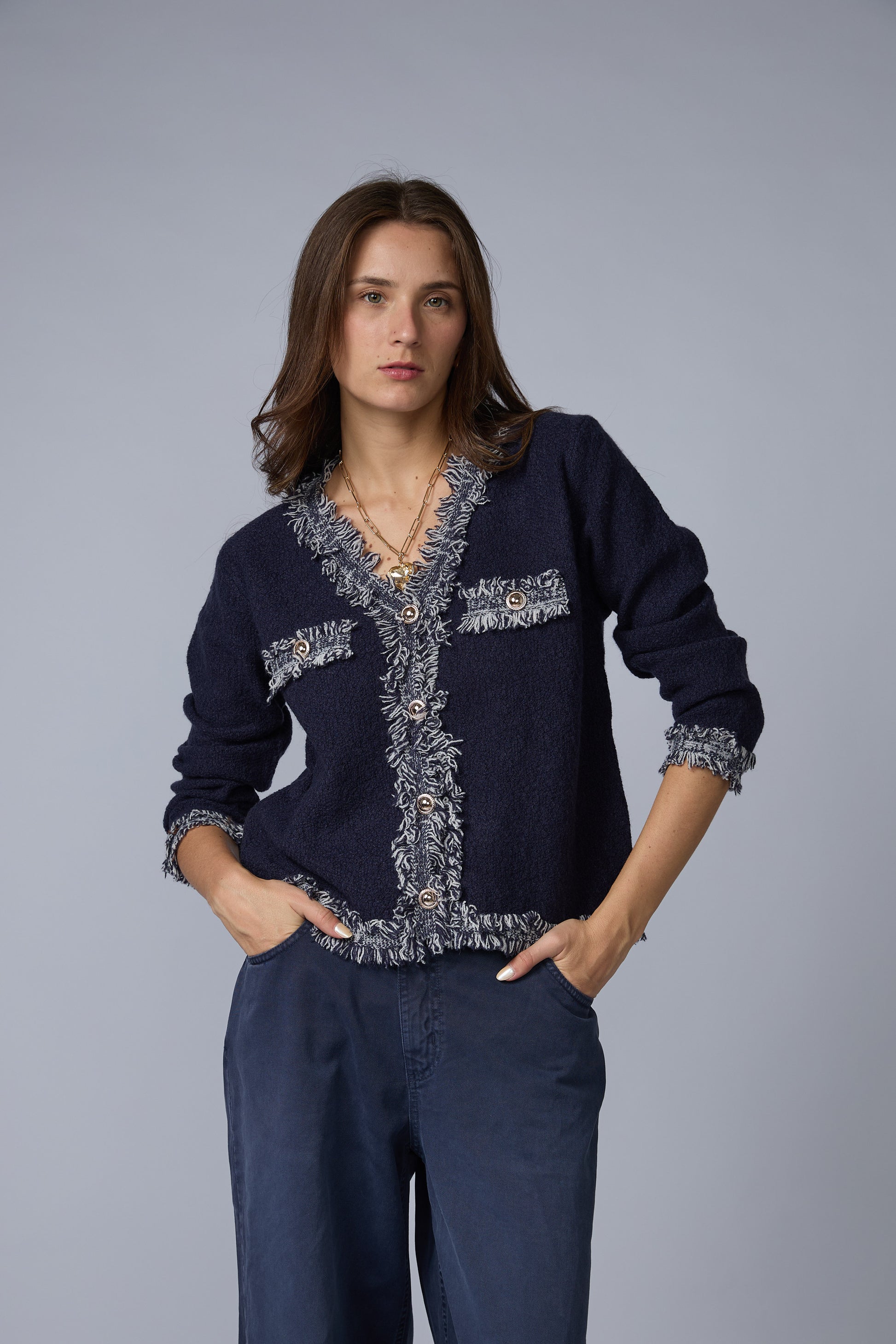 Cardigan Tramado Pechera Desflecada