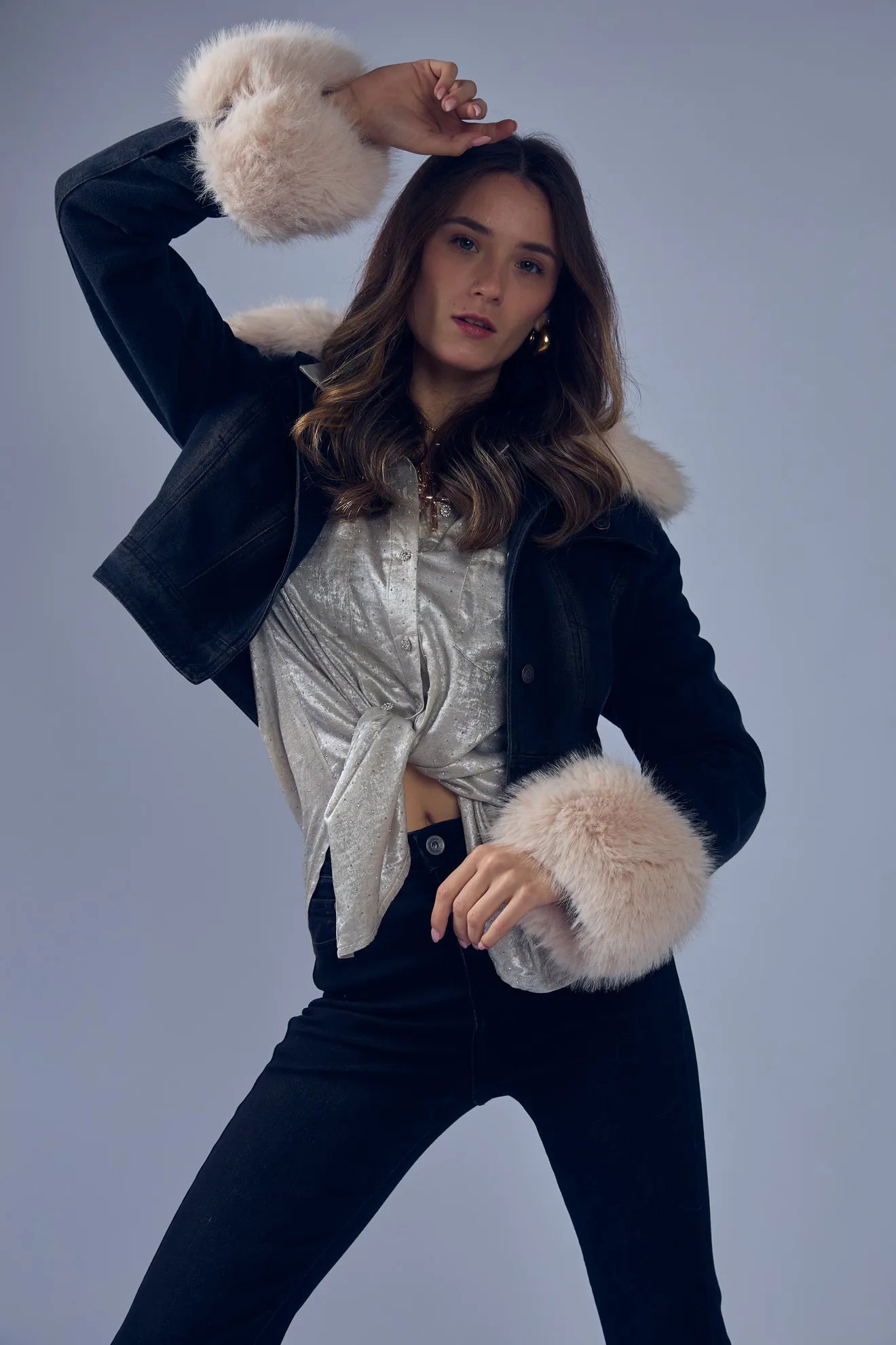 Casaca Crop Denim Pelos