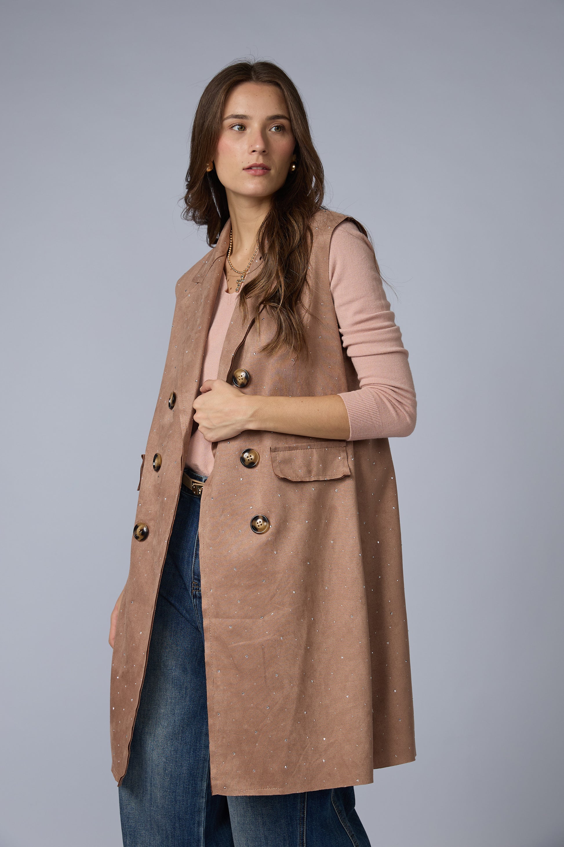 Chaleco Suede Largo Brillos