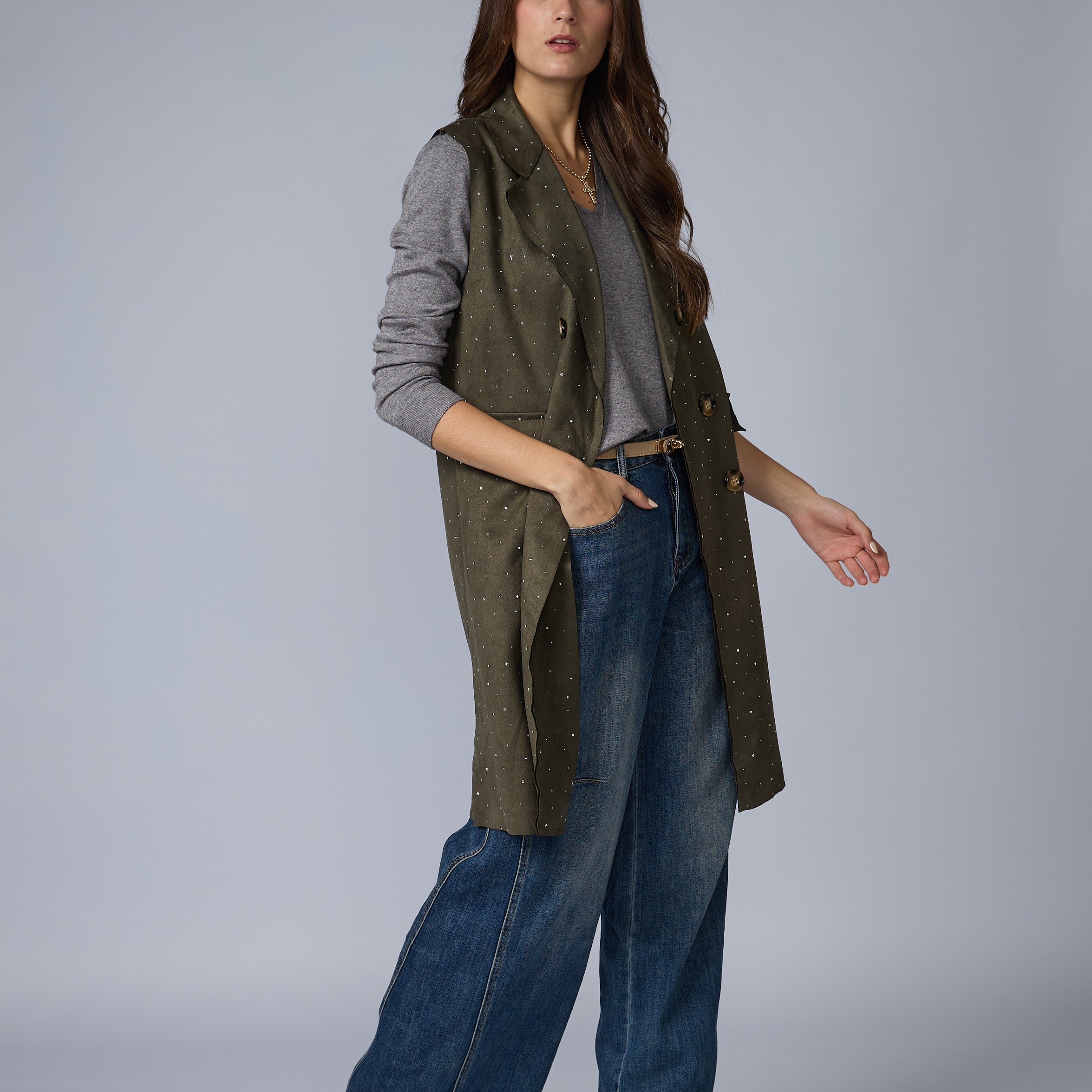 Chaleco Suede Largo Brillos