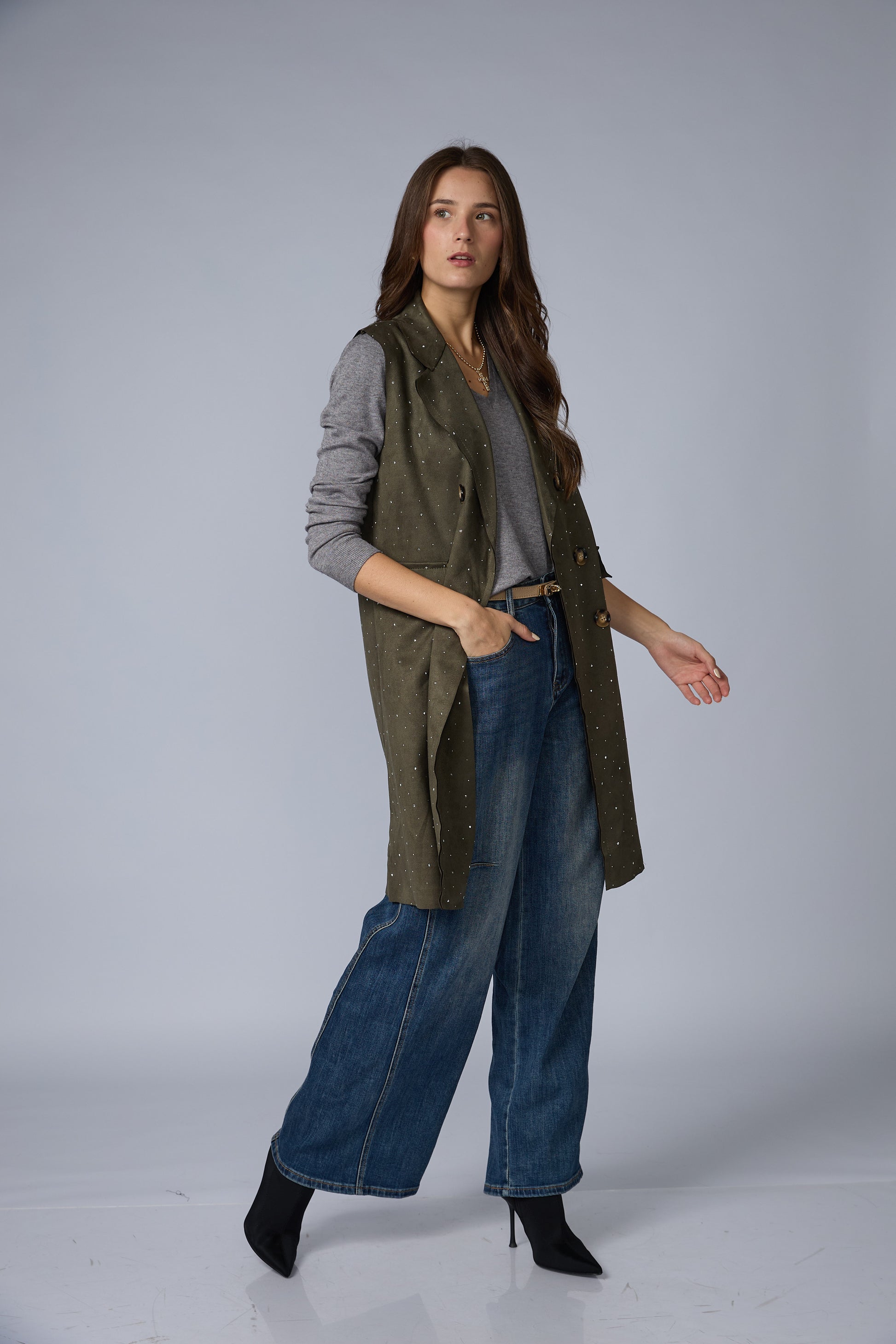 Chaleco Suede Largo Brillos