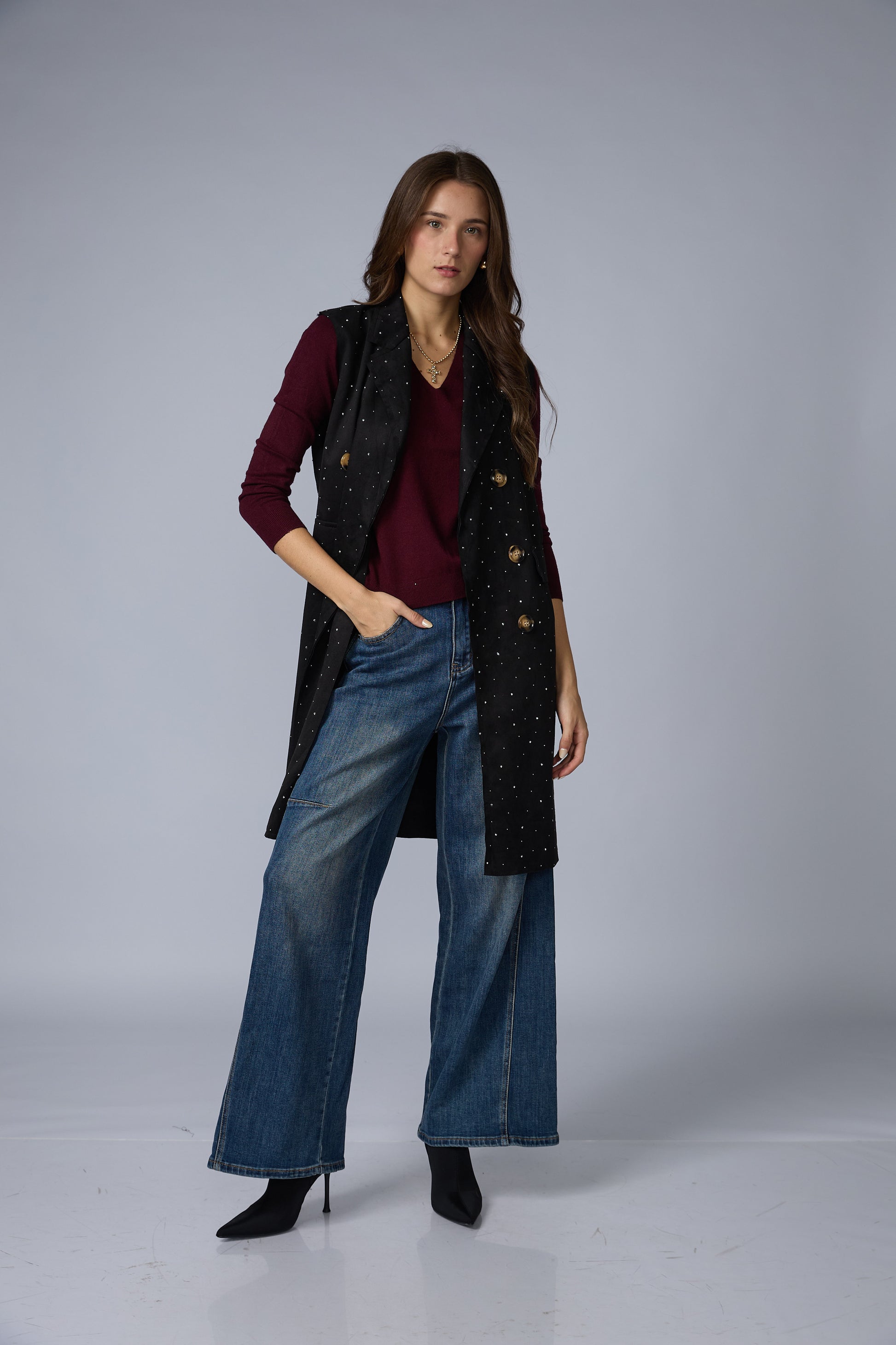 Chaleco Suede Largo Brillos