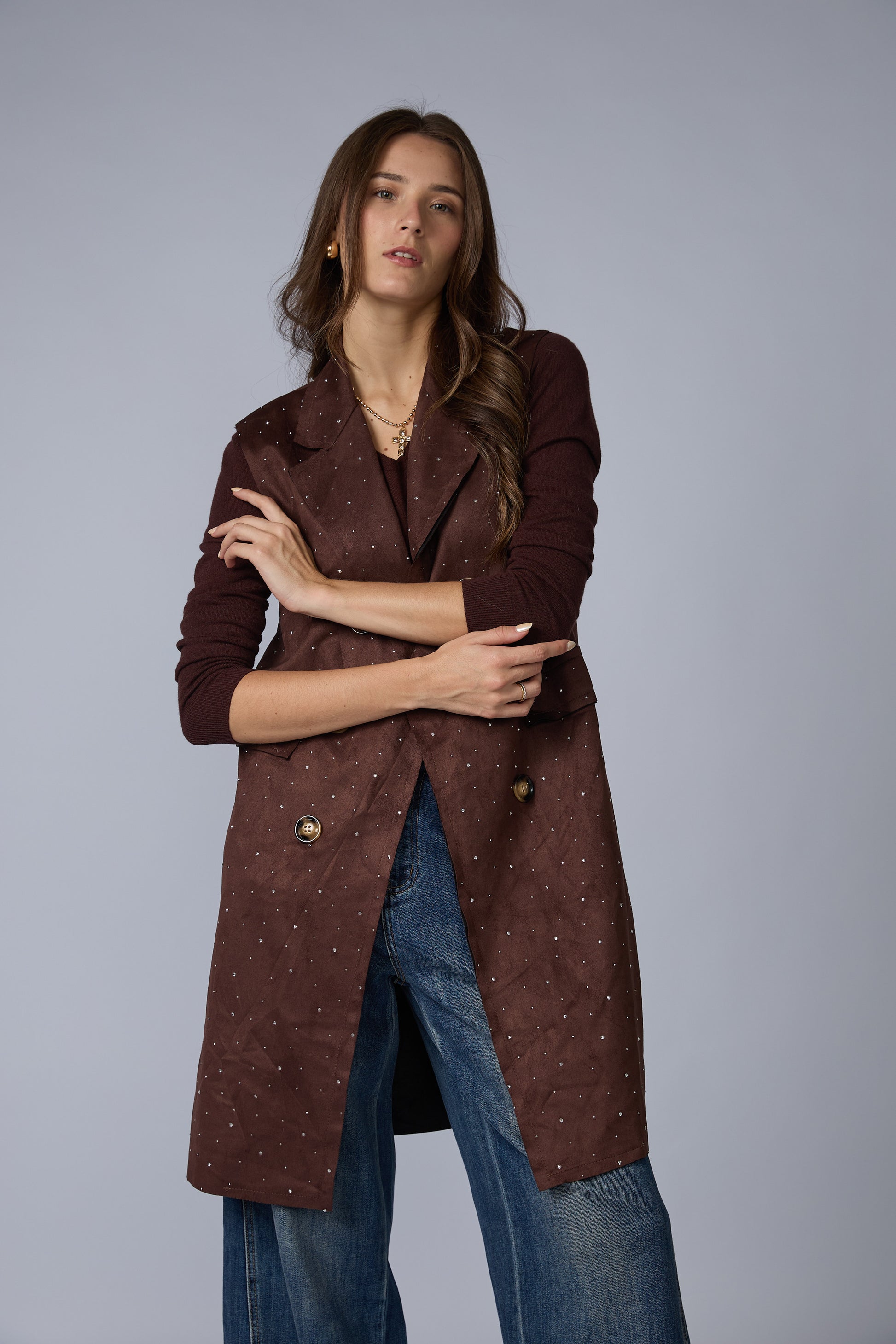 Chaleco Suede Largo Brillos