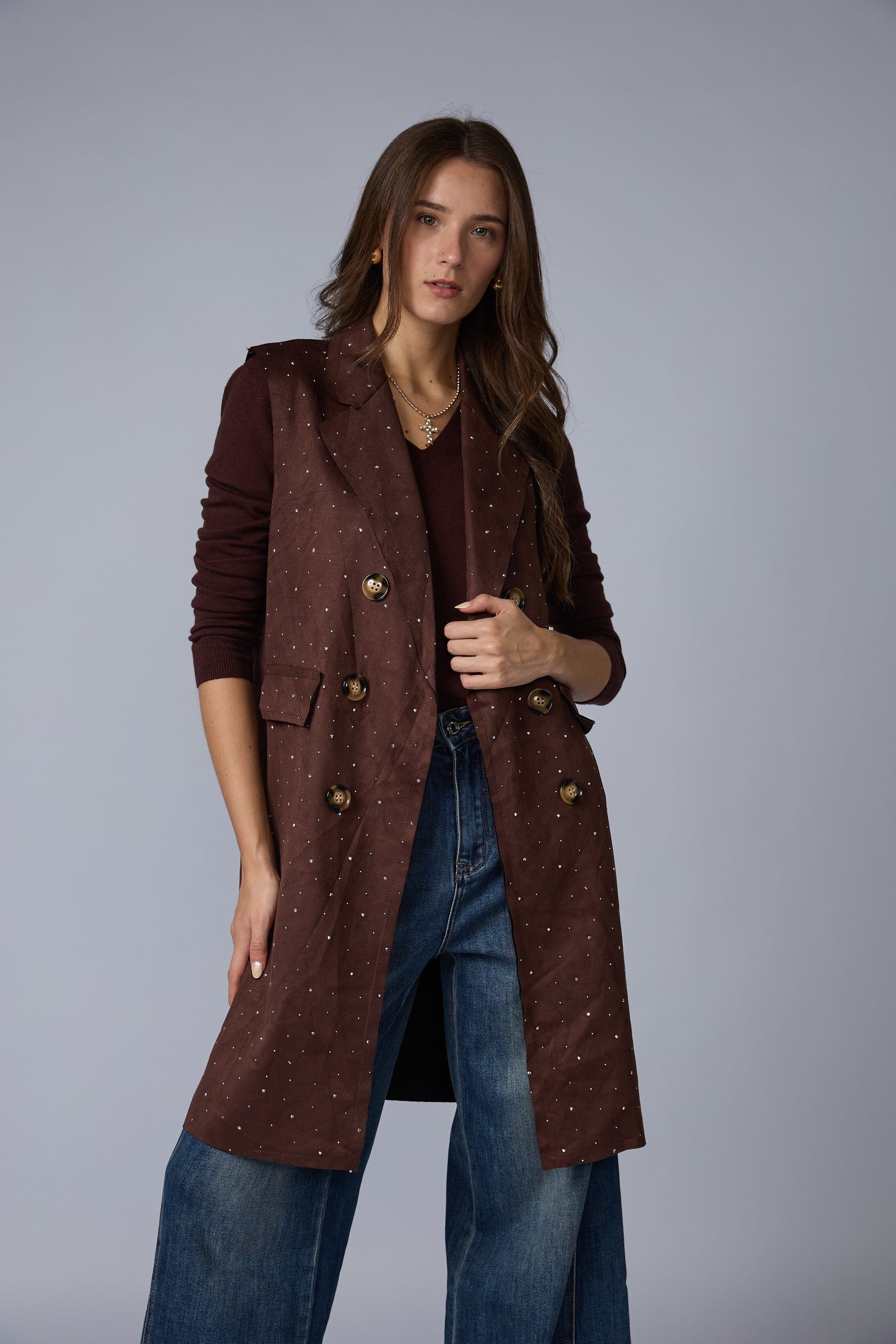 Chaleco Suede Largo Brillos