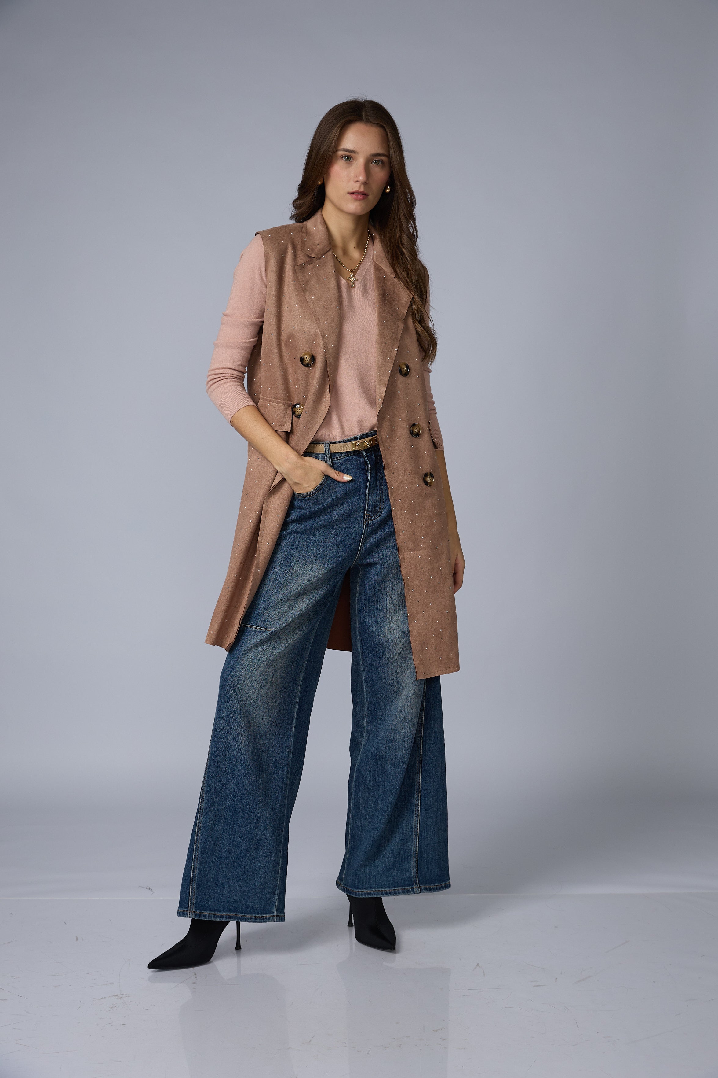 Chaleco Suede Largo Brillos
