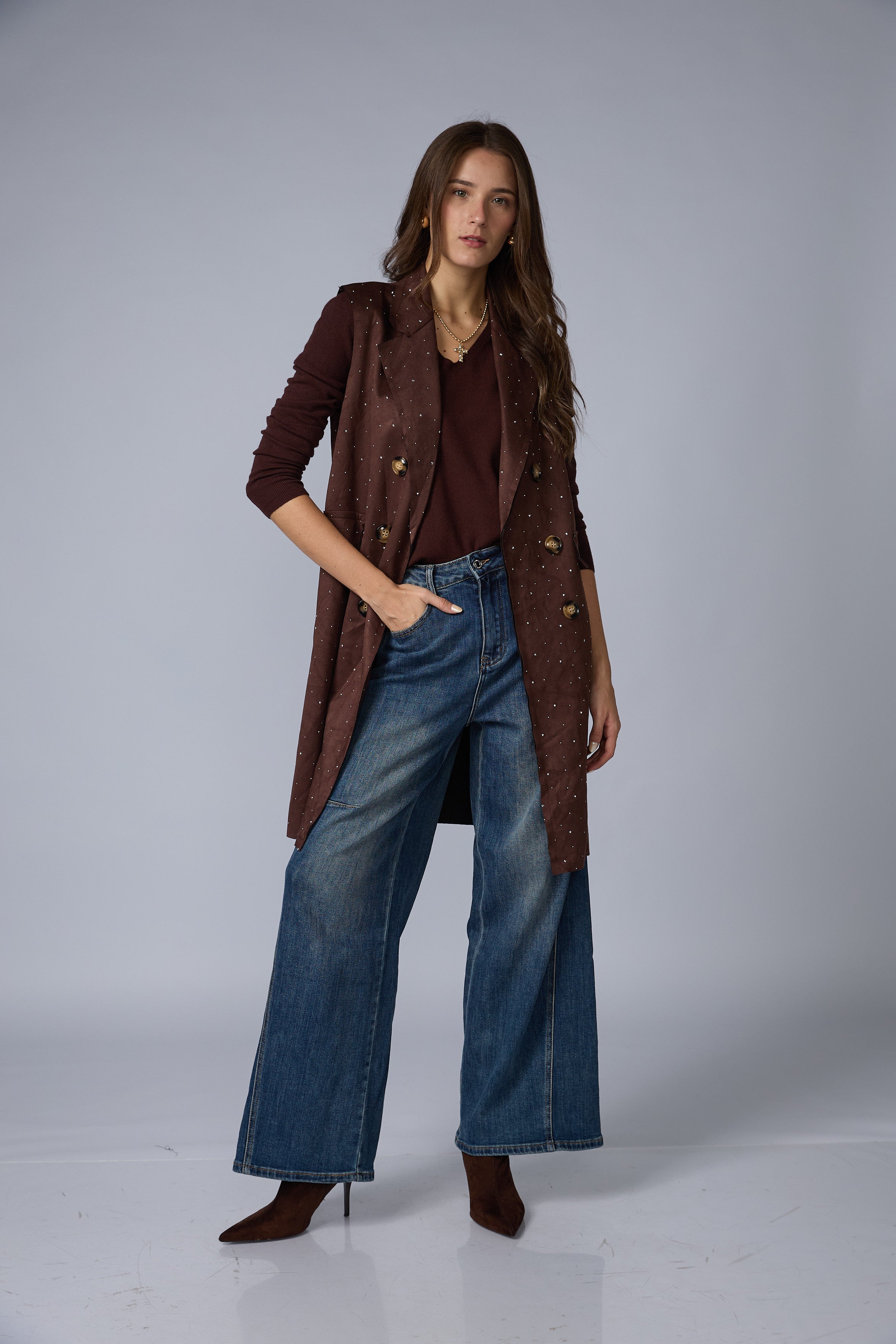 Chaleco Suede Largo Brillos