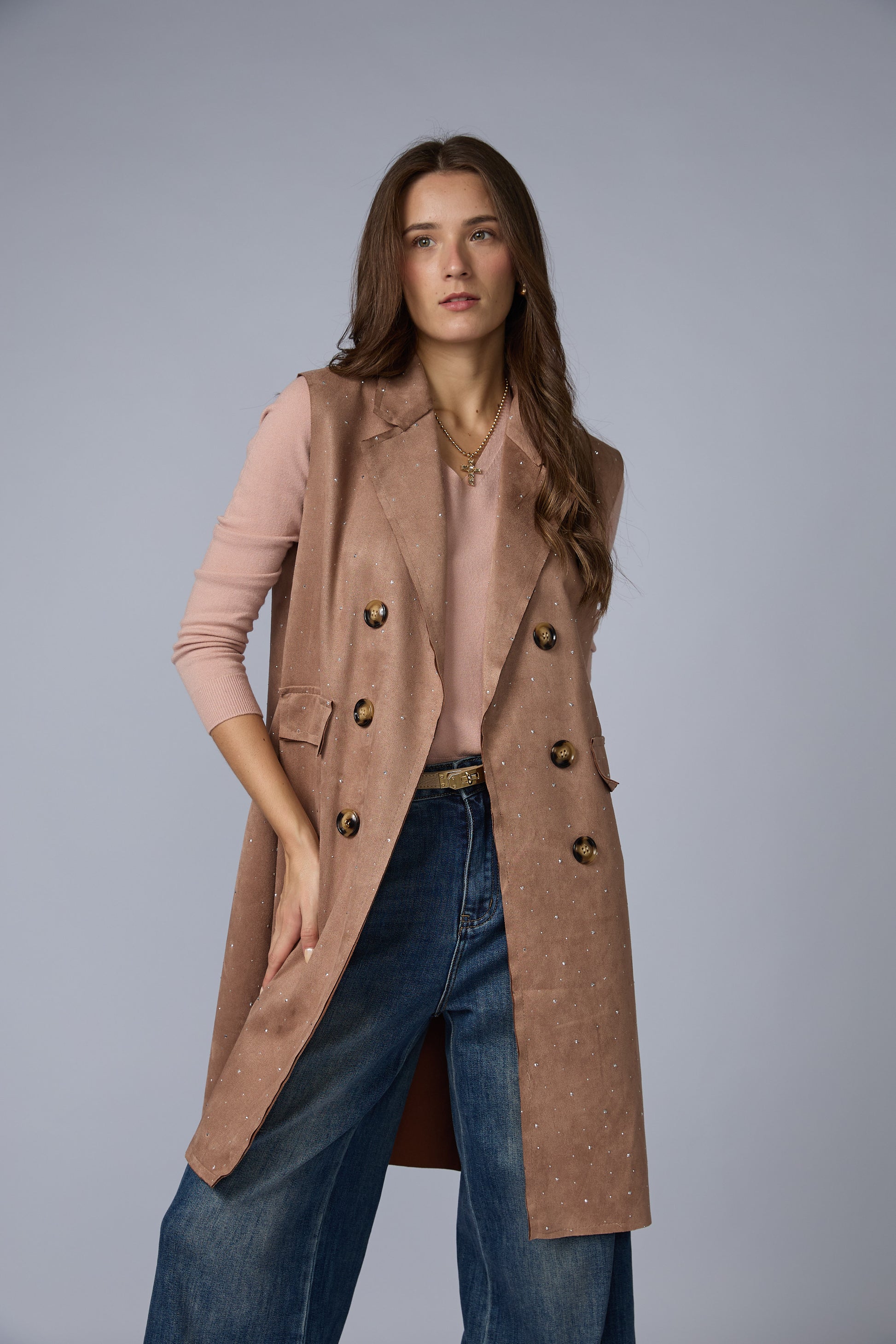 Chaleco Suede Largo Brillos