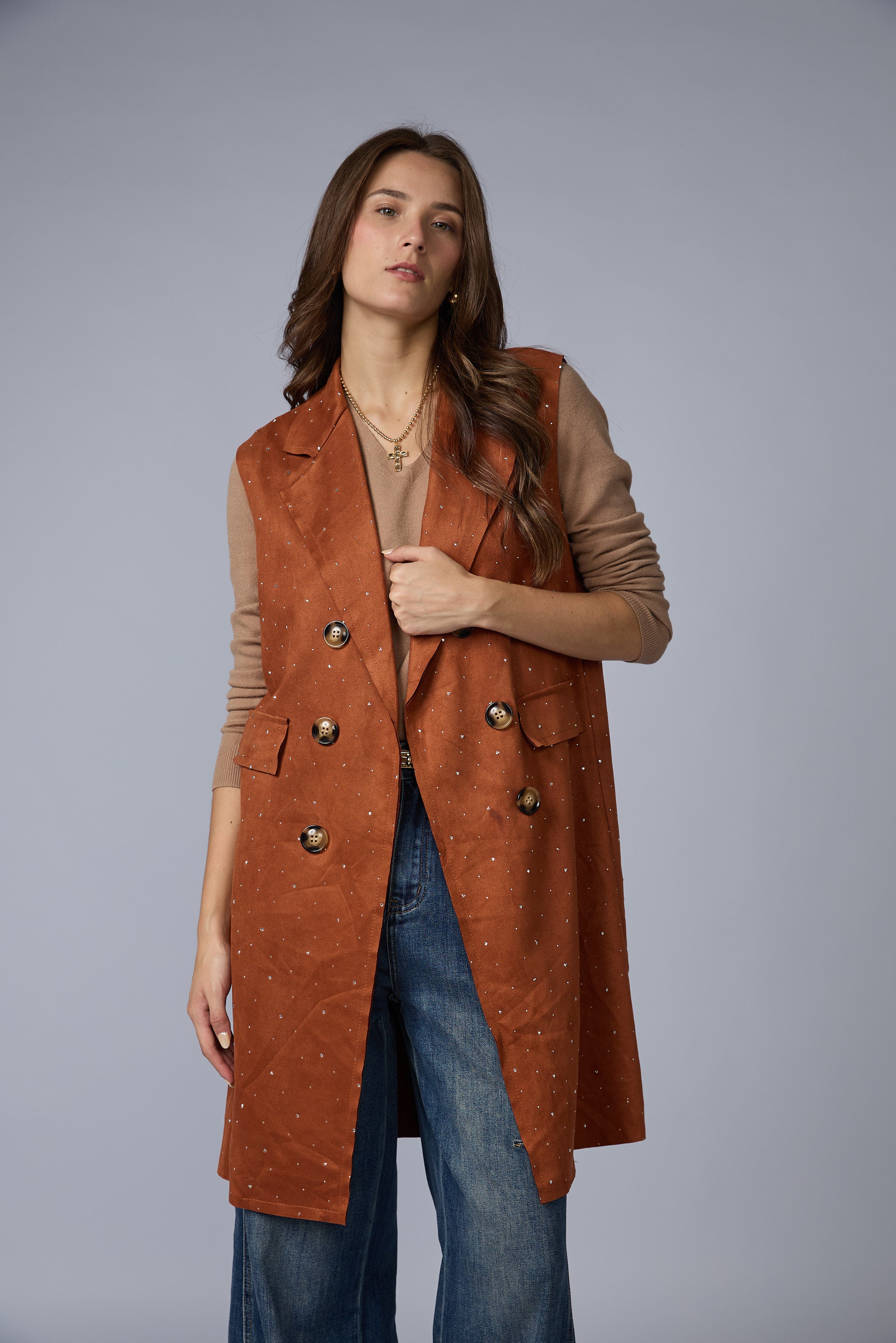 Chaleco Suede Largo Brillos