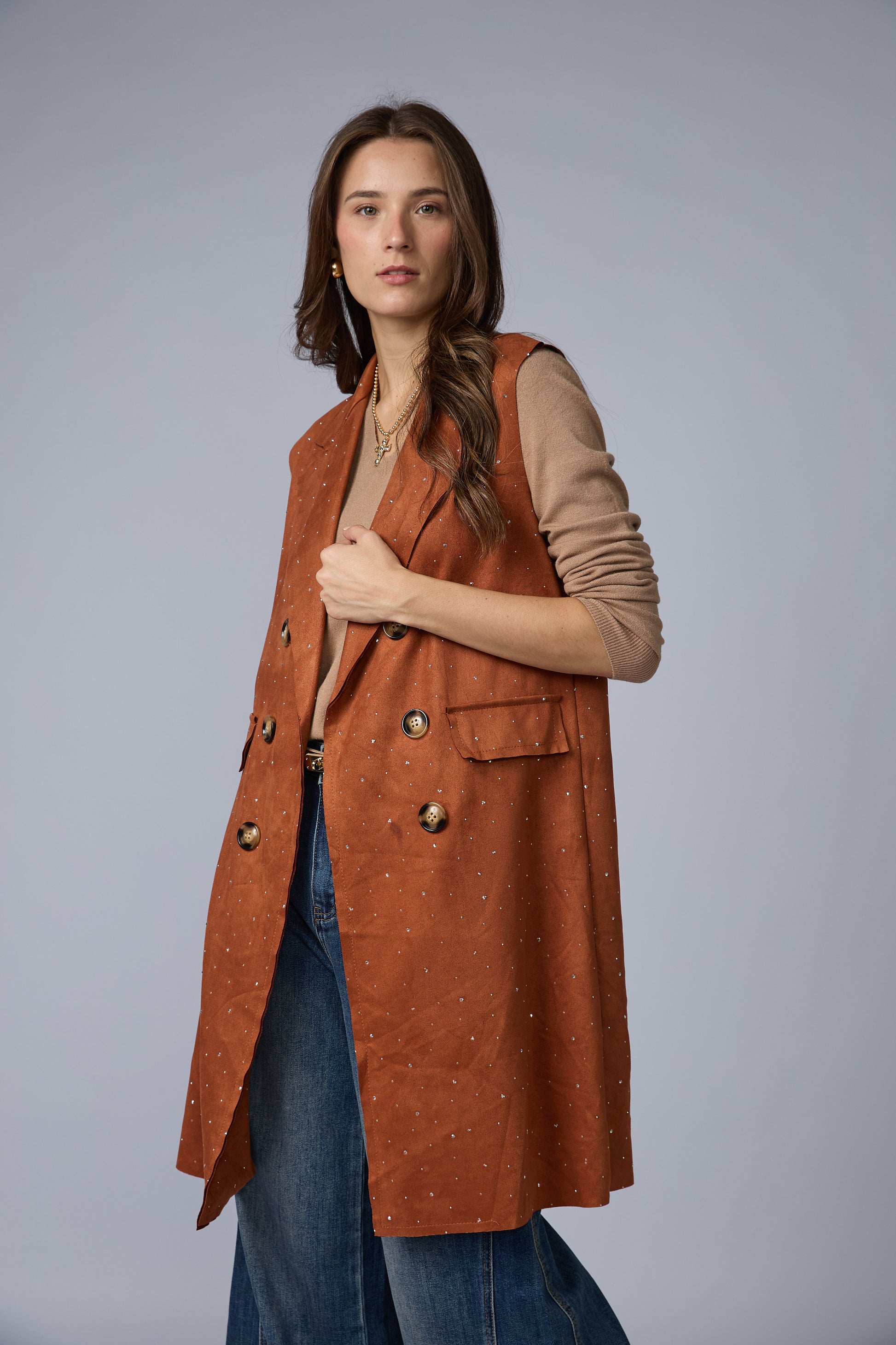 Chaleco Suede Largo Brillos