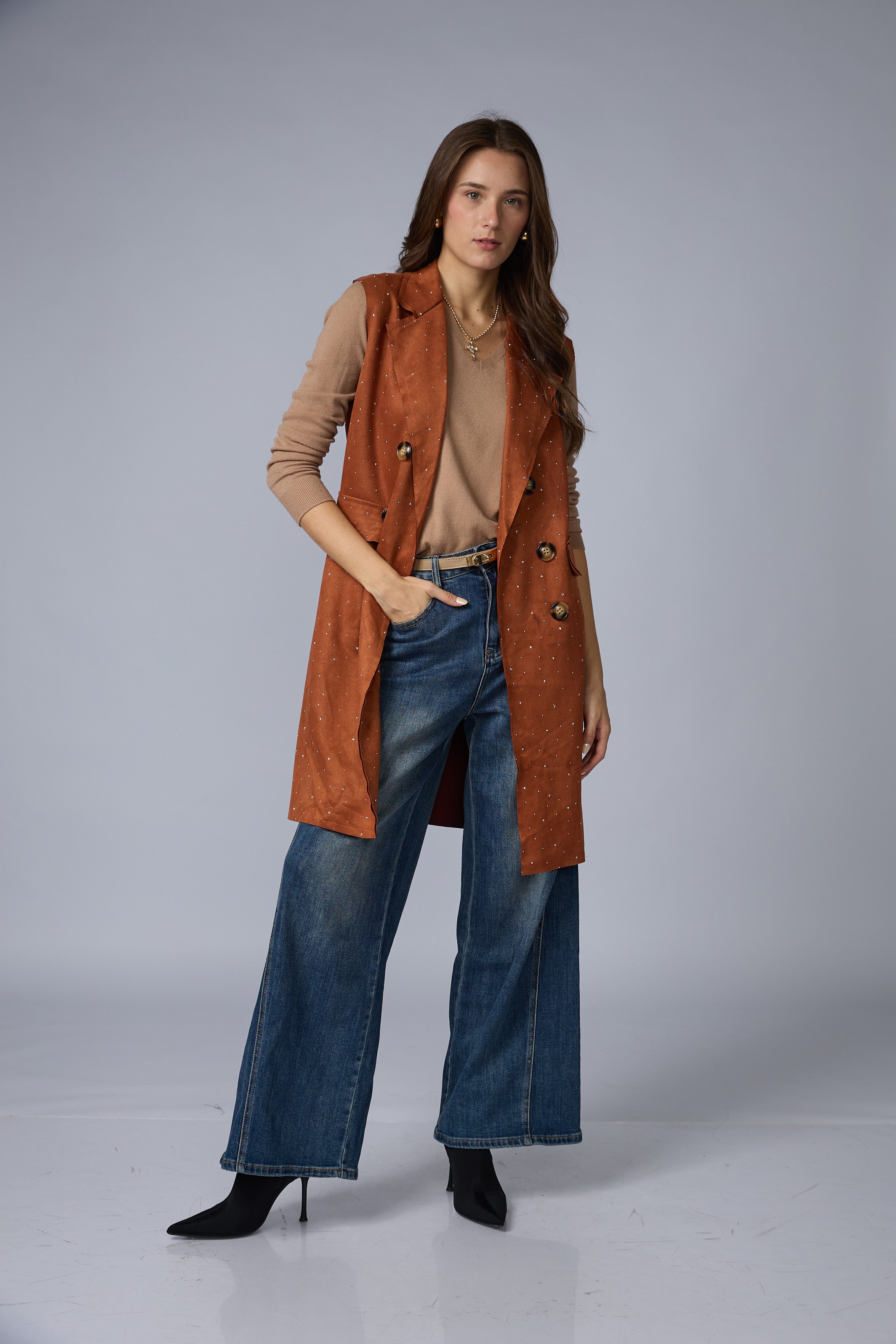 Chaleco Suede Largo Brillos