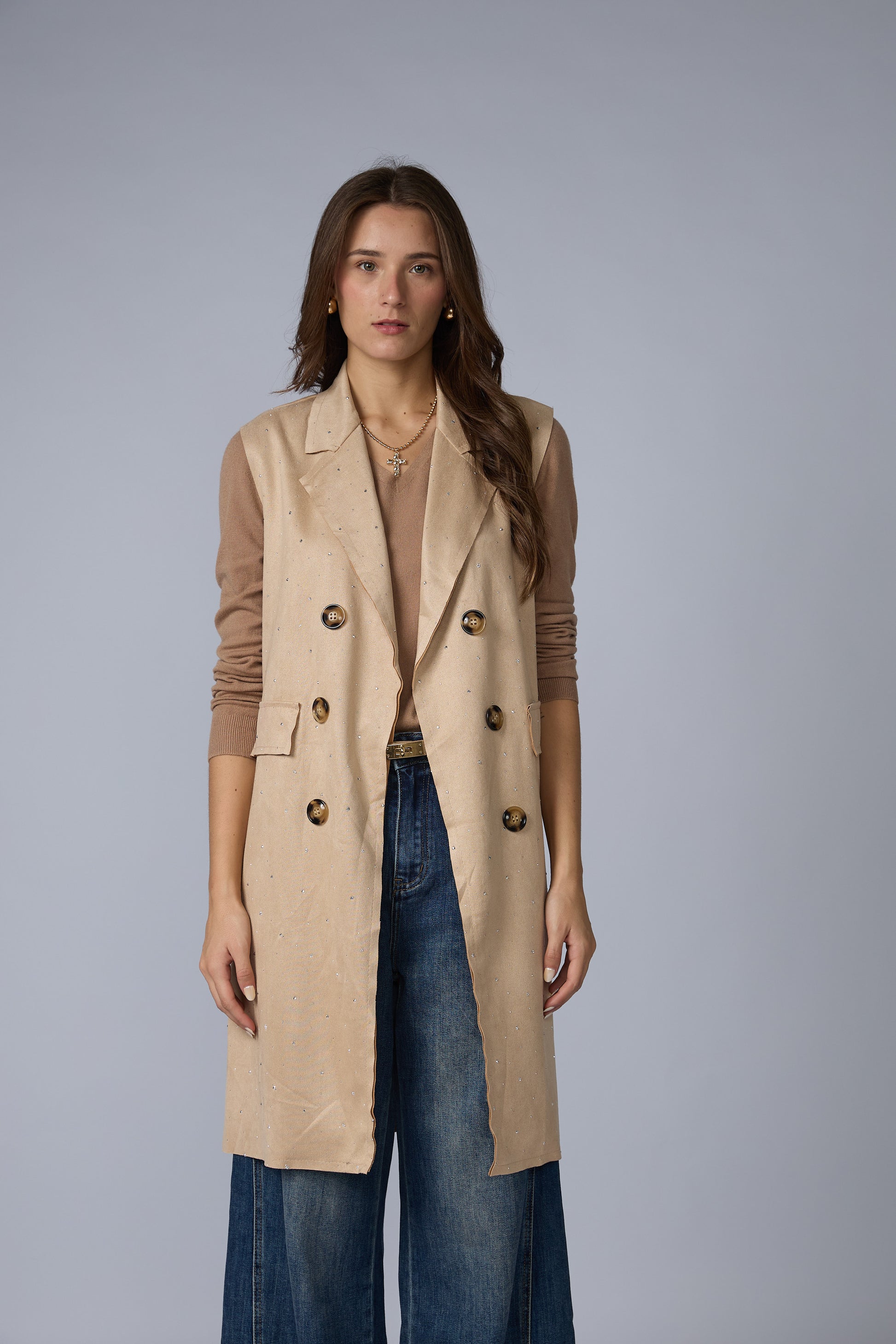 Chaleco Suede Largo Brillos