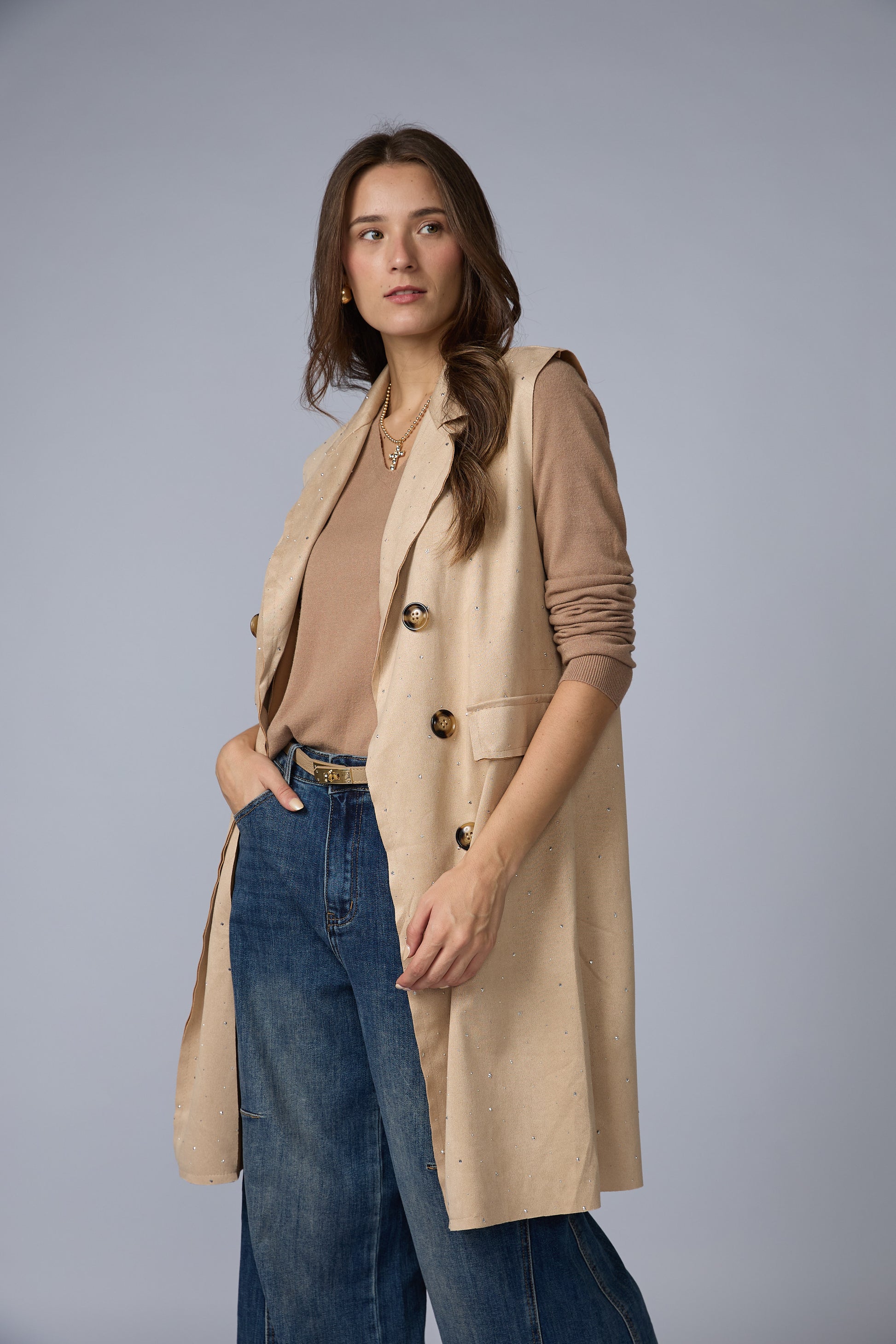 Chaleco Suede Largo Brillos