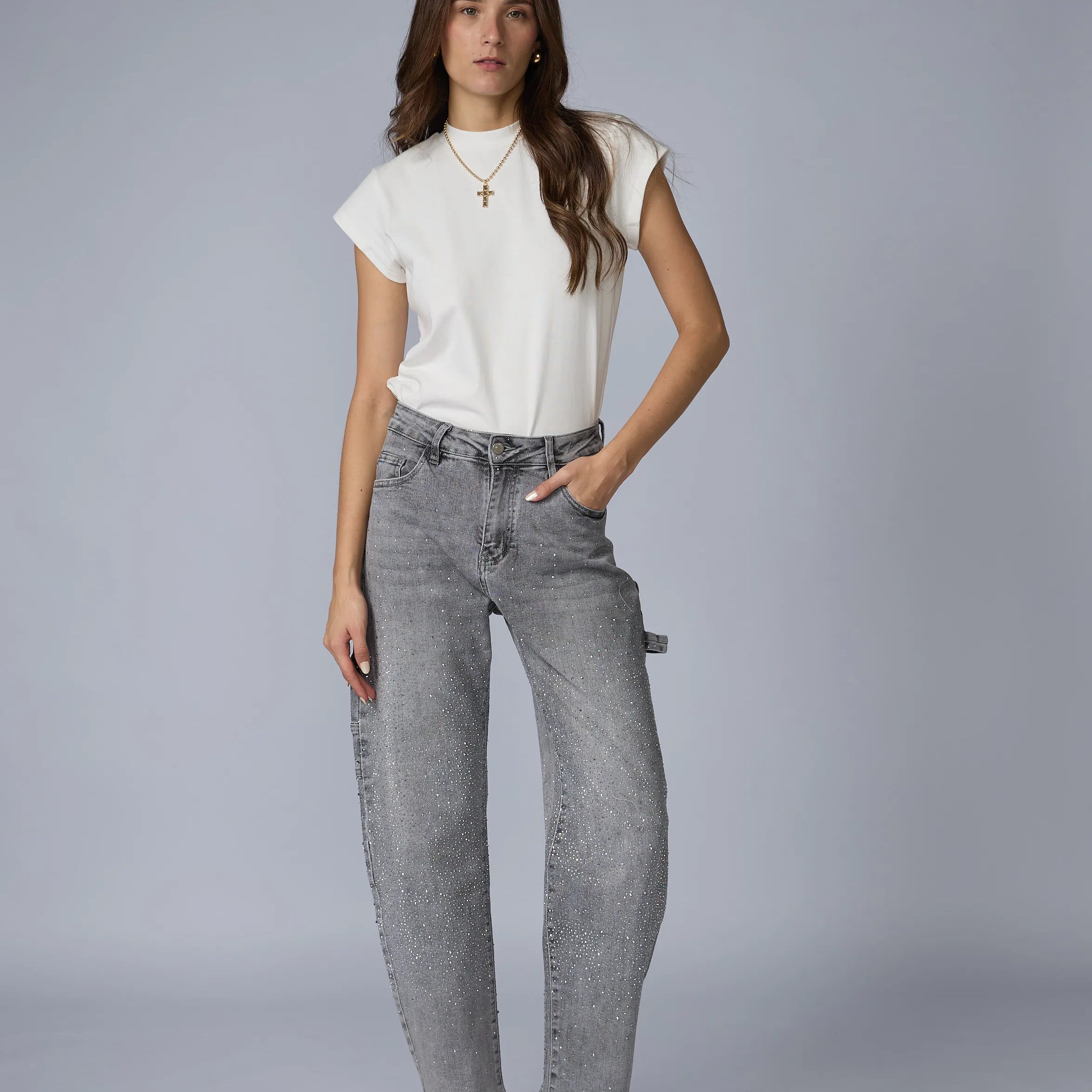 Jean Barrel Brillos Gris