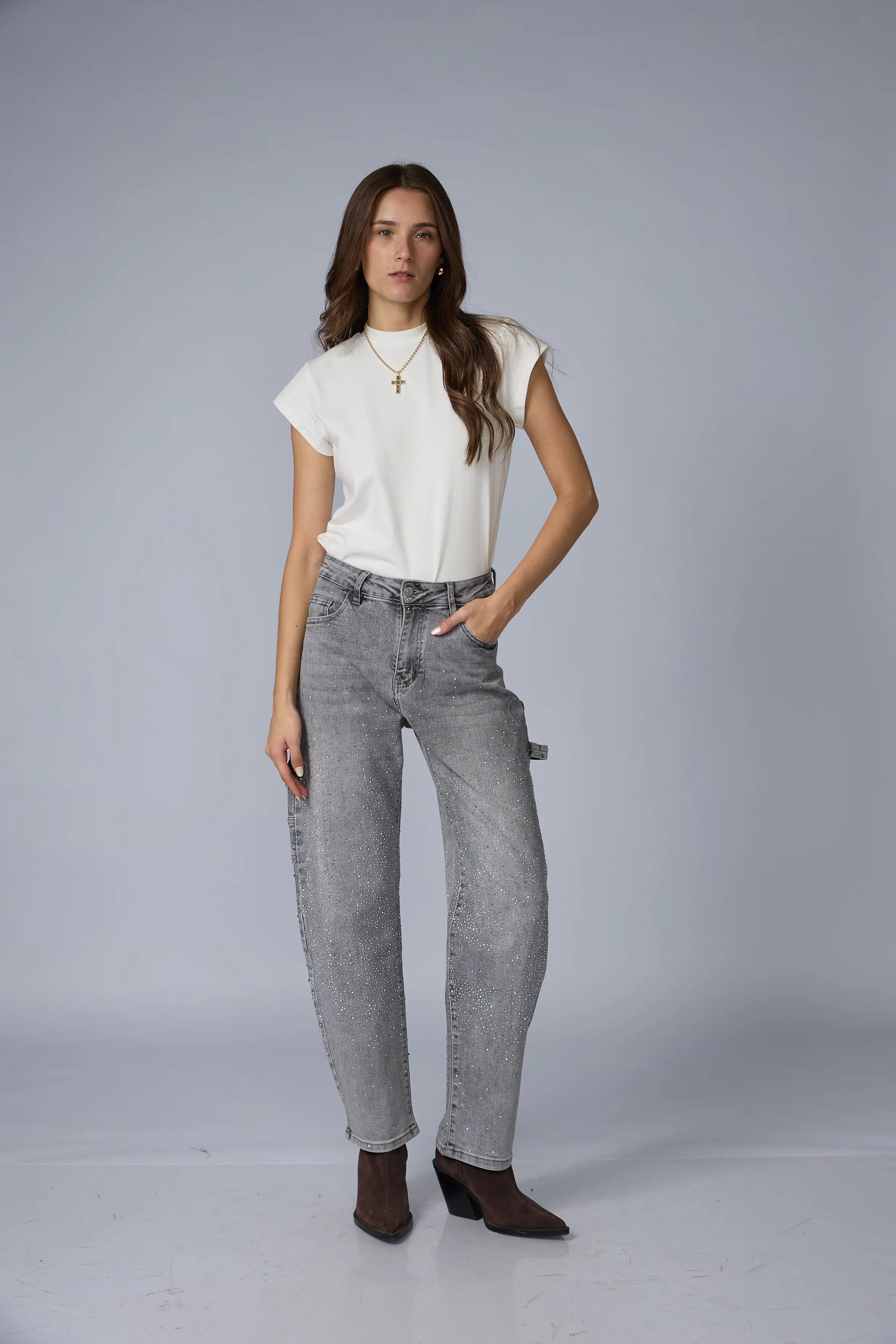 Jean Barrel Brillos Gris