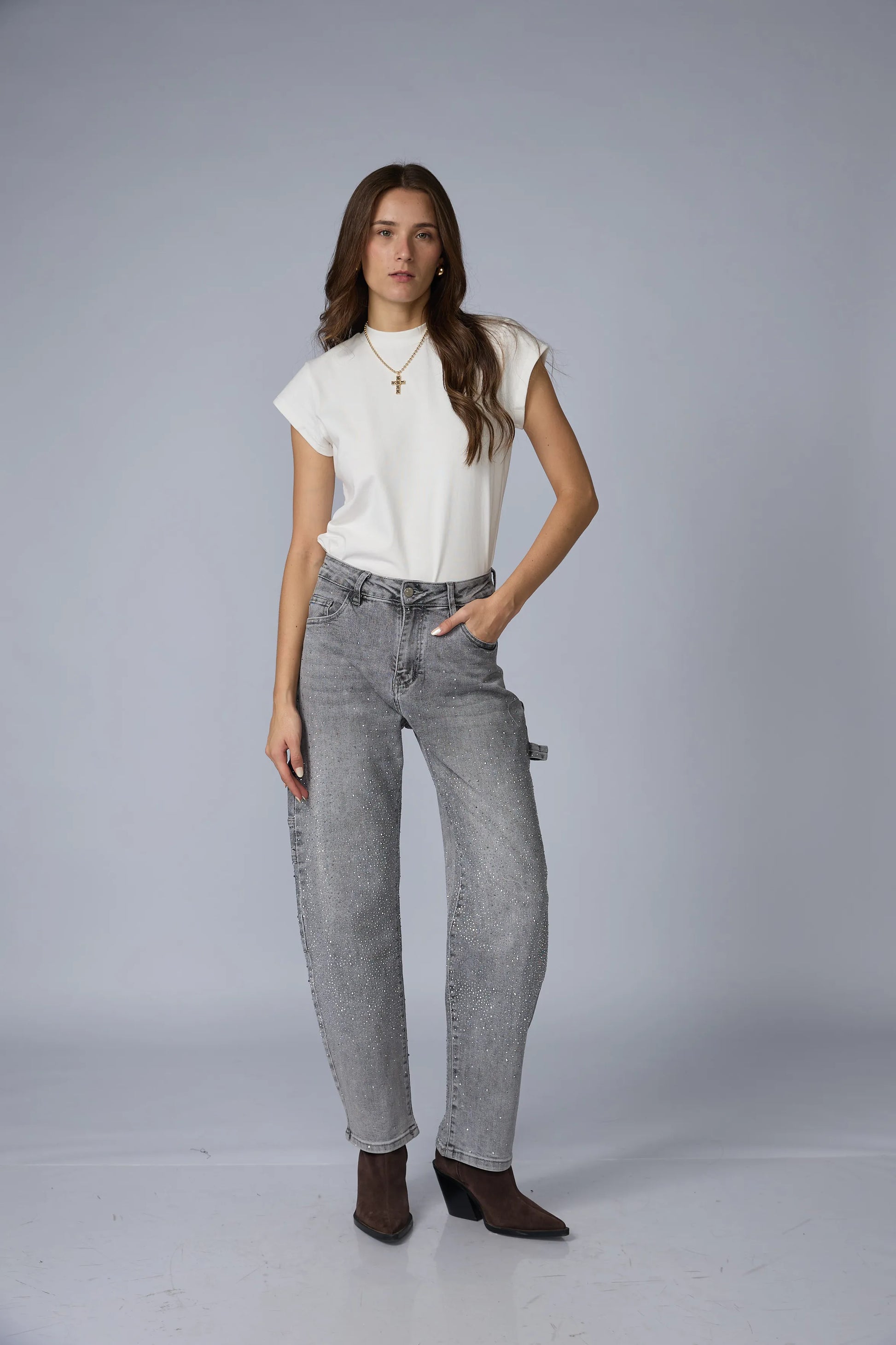Jean Barrel Brillos Gris