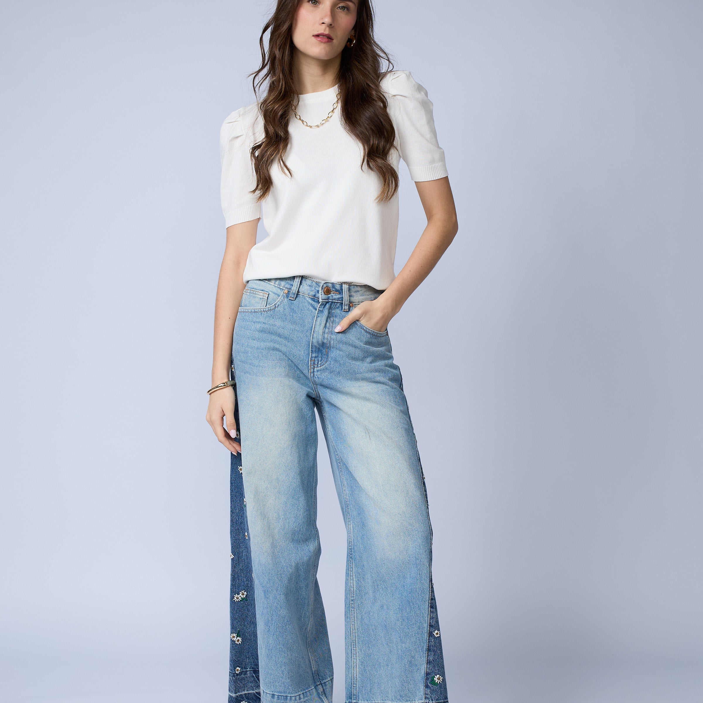Jean Wide Flores Mini Lentejuelas