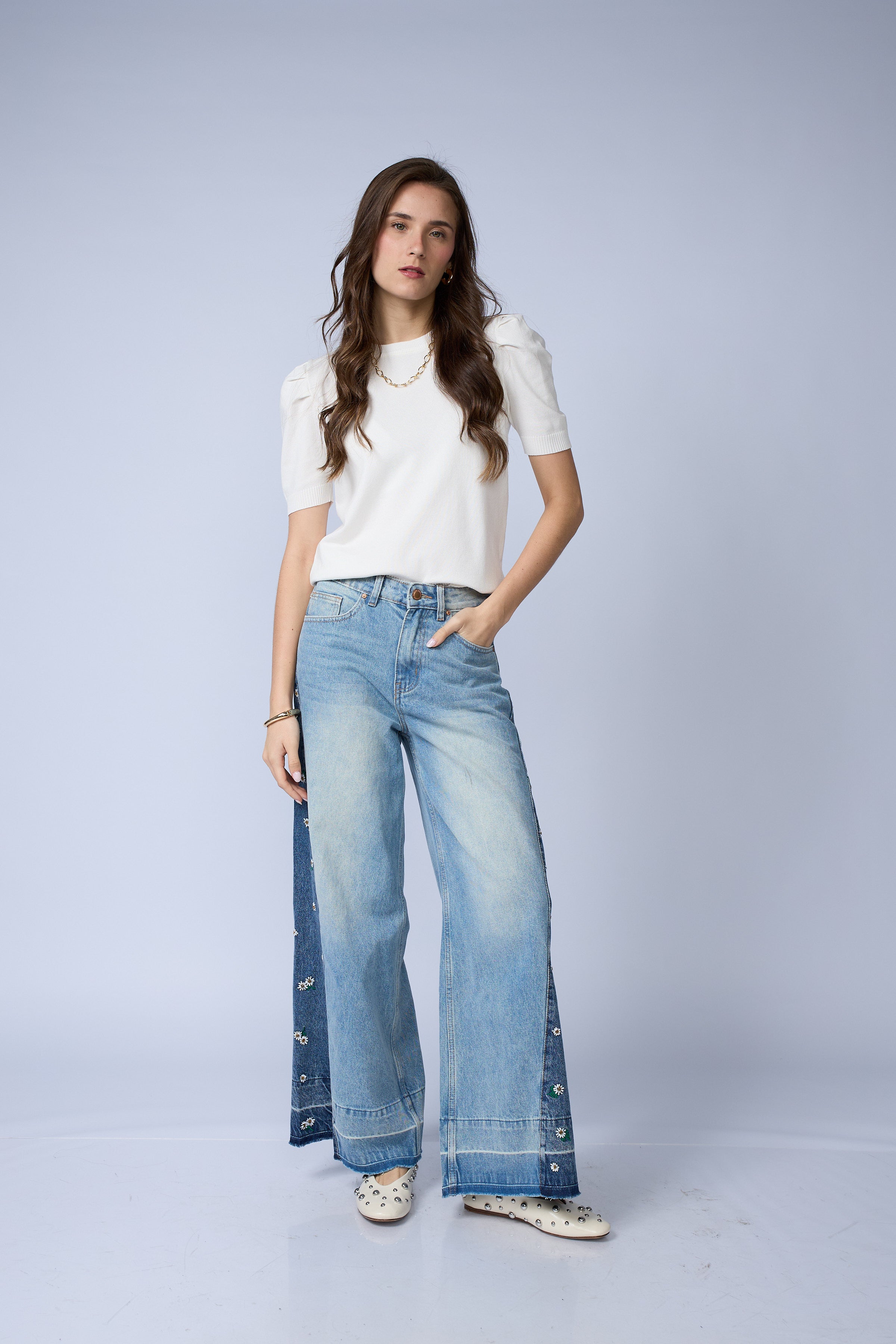 Jean Wide Flores Mini Lentejuelas