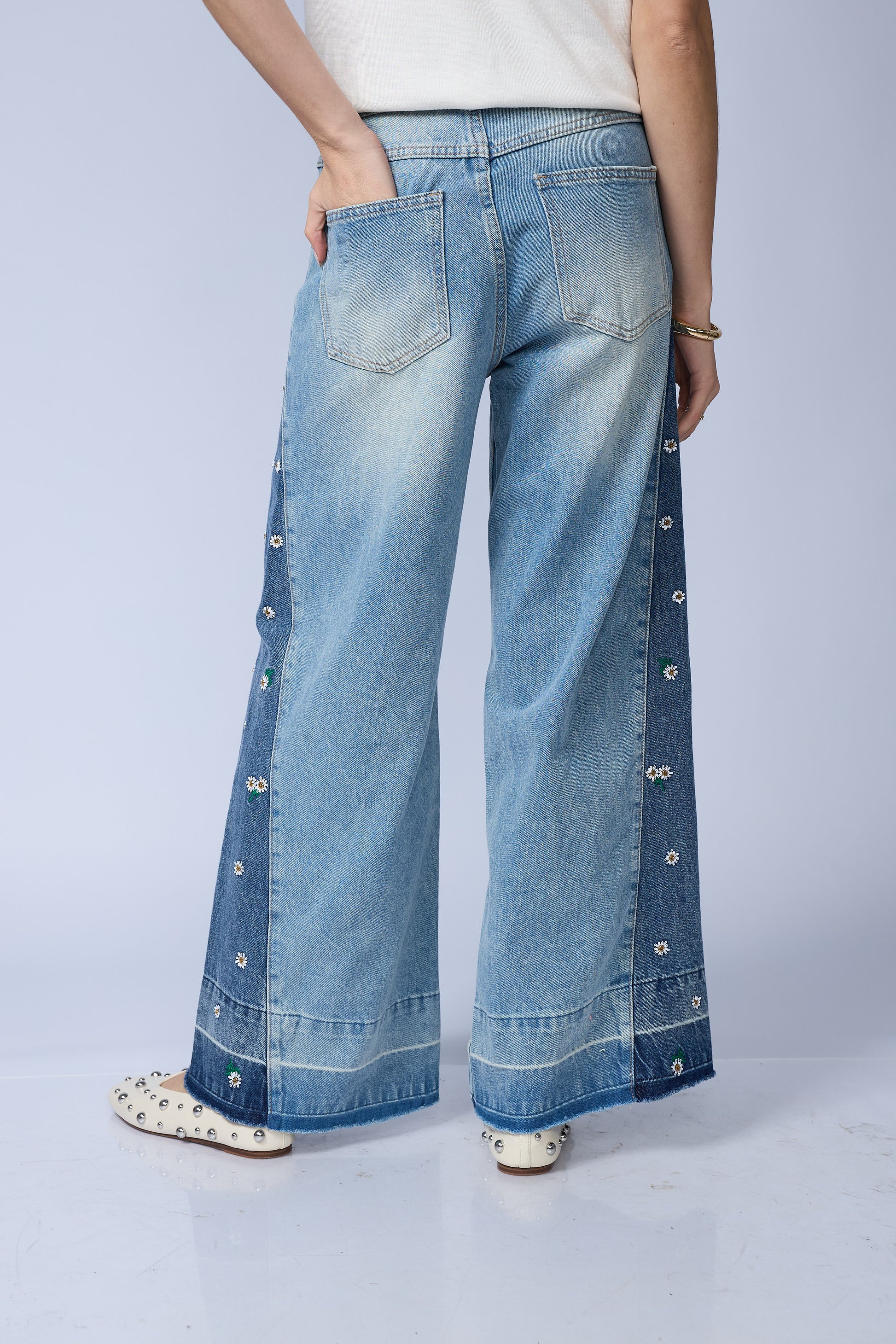 Jean Wide Flores Mini Lentejuelas