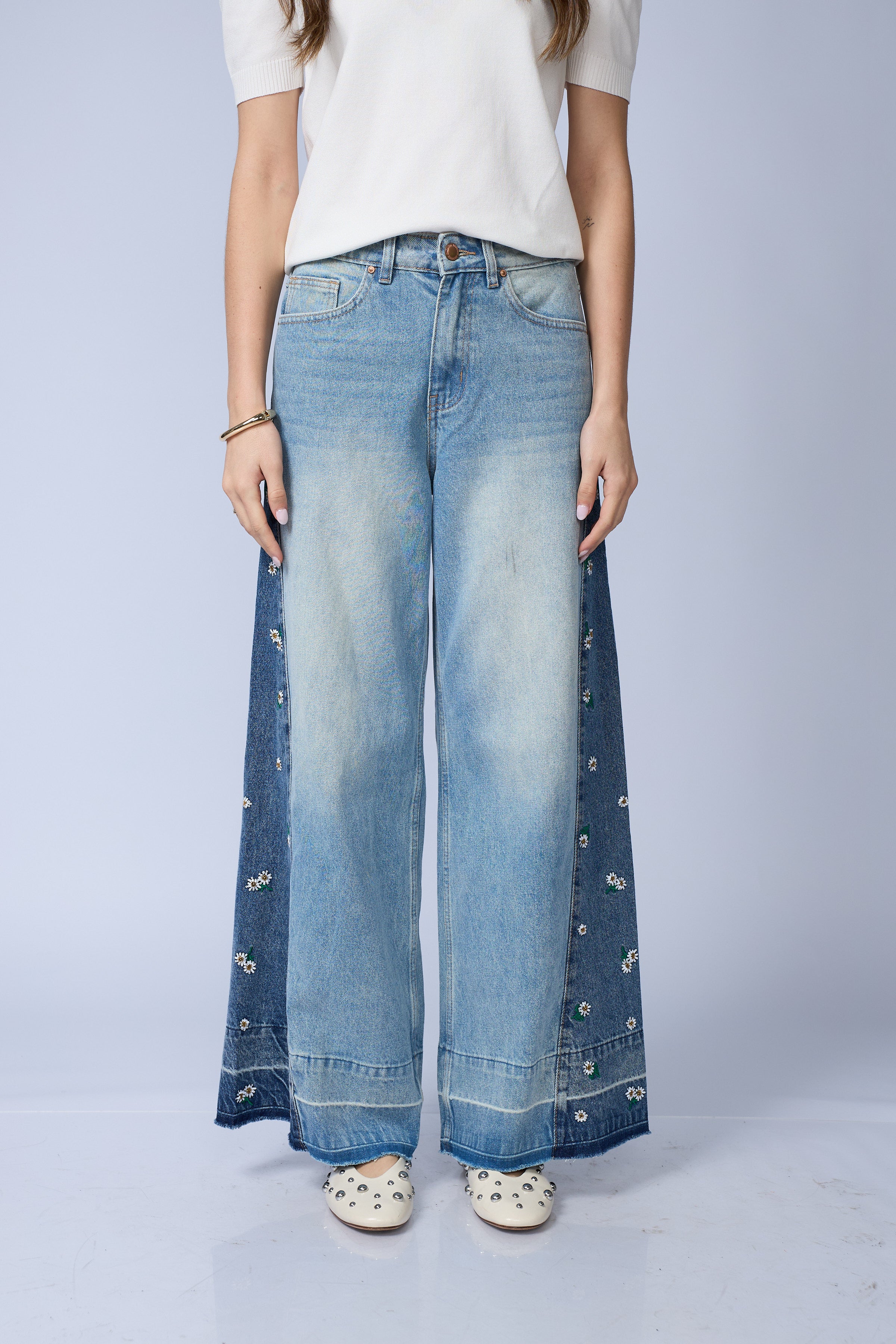 Jean Wide Flores Mini Lentejuelas