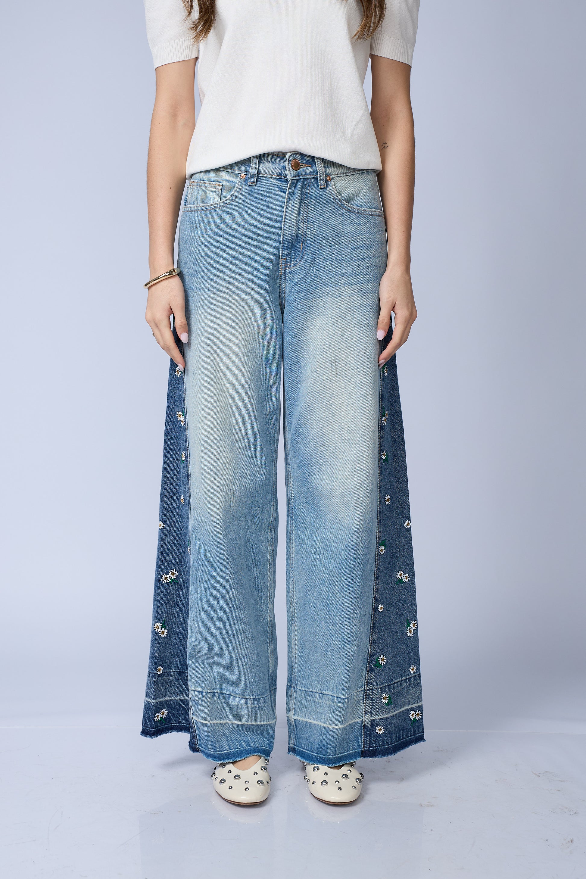 Jean Wide Flores Mini Lentejuelas