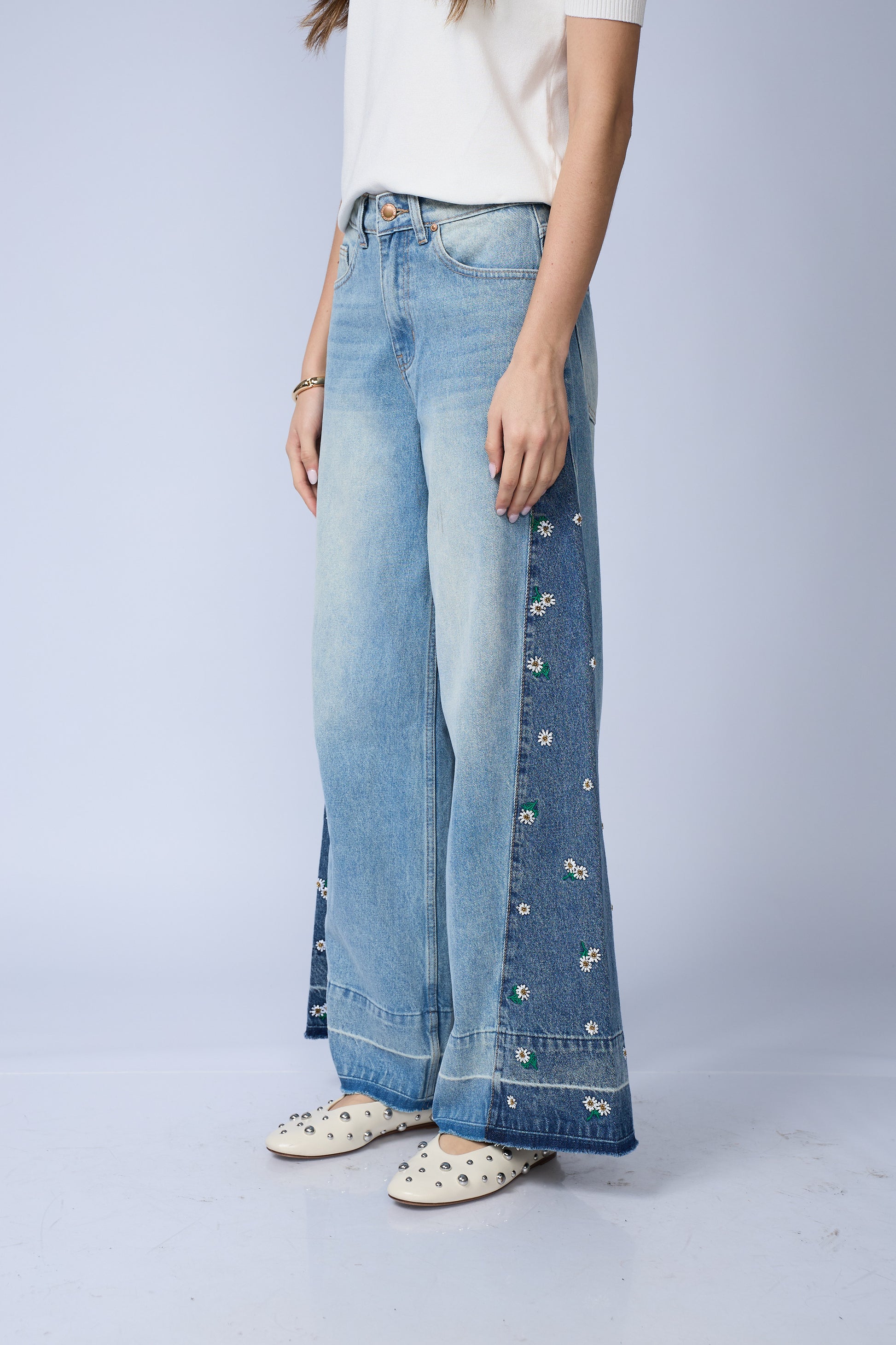 Jean Wide Flores Mini Lentejuelas