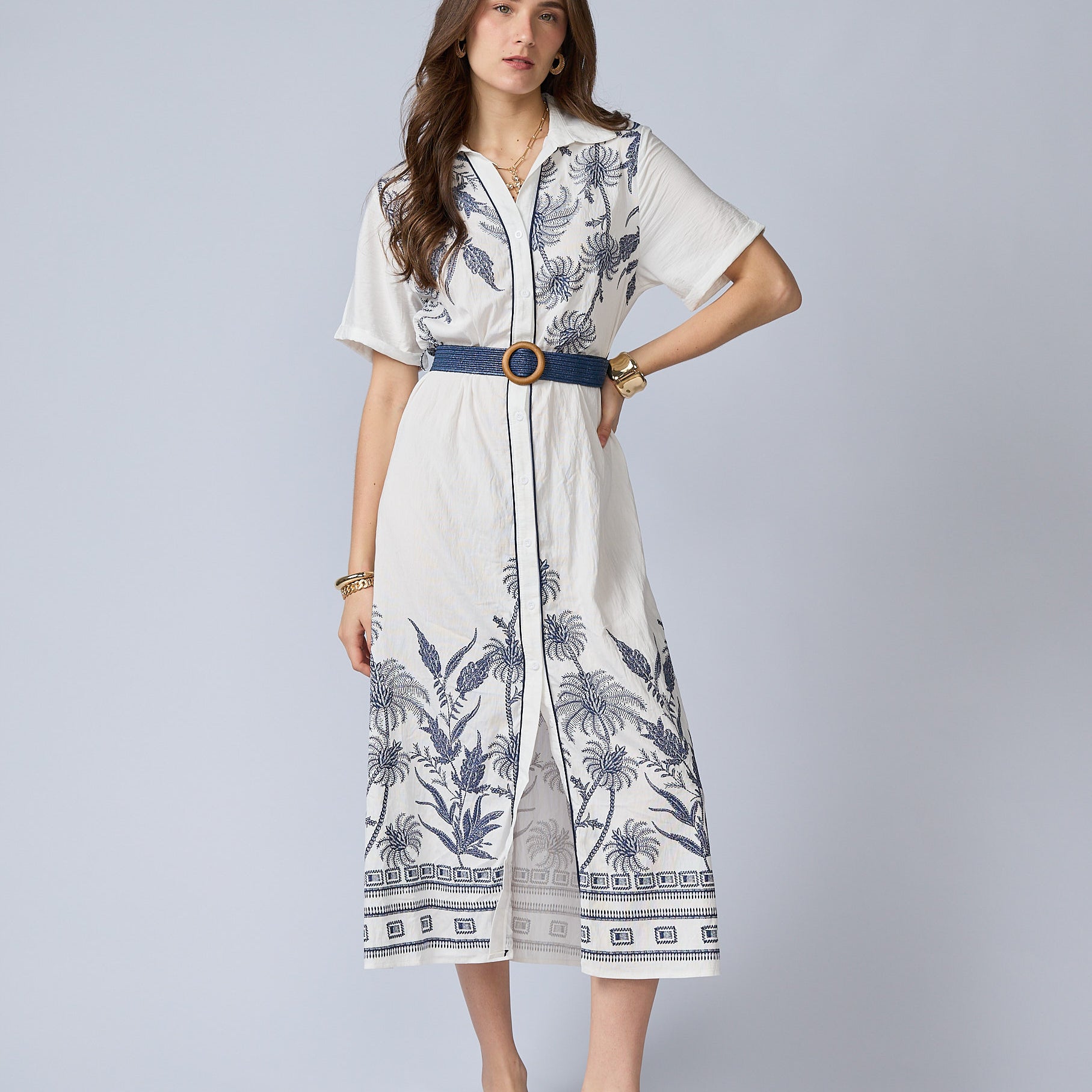 Vestido Camisero Flores Bordadas