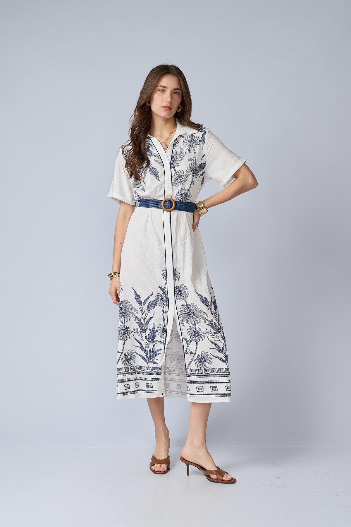 Vestido Camisero Flores Bordadas