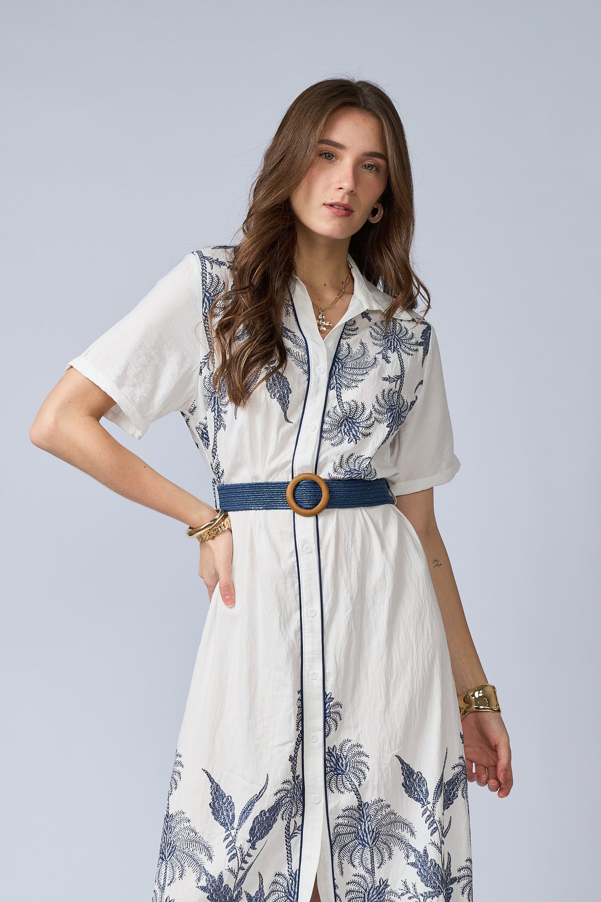 Vestido Camisero Flores Bordadas