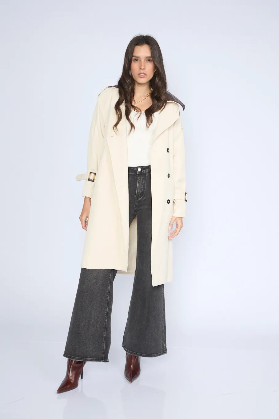 Long Trench Coat with Eco-Leather Collar