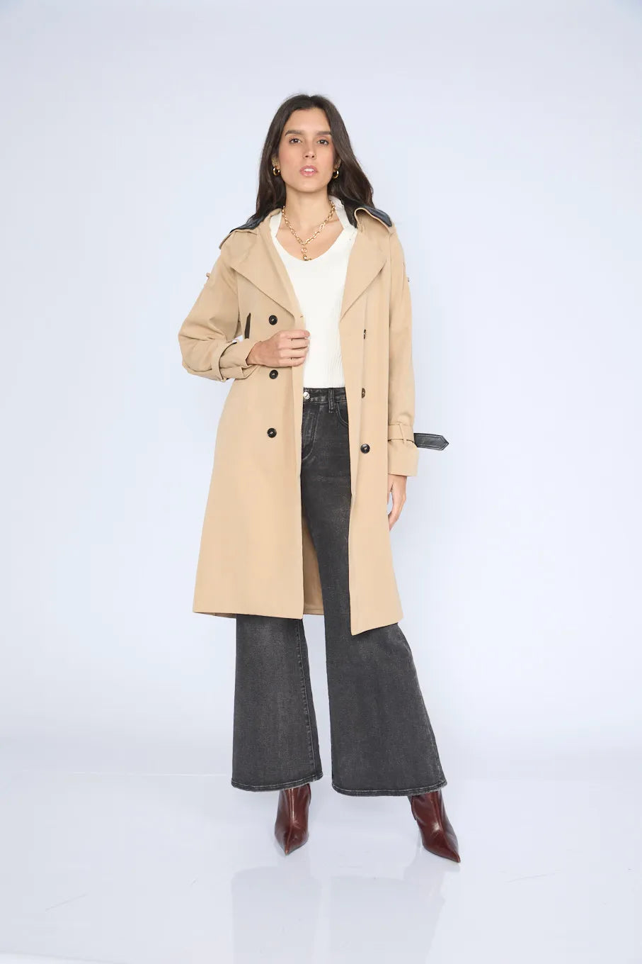 Long Trench Coat with Eco-Leather Collar