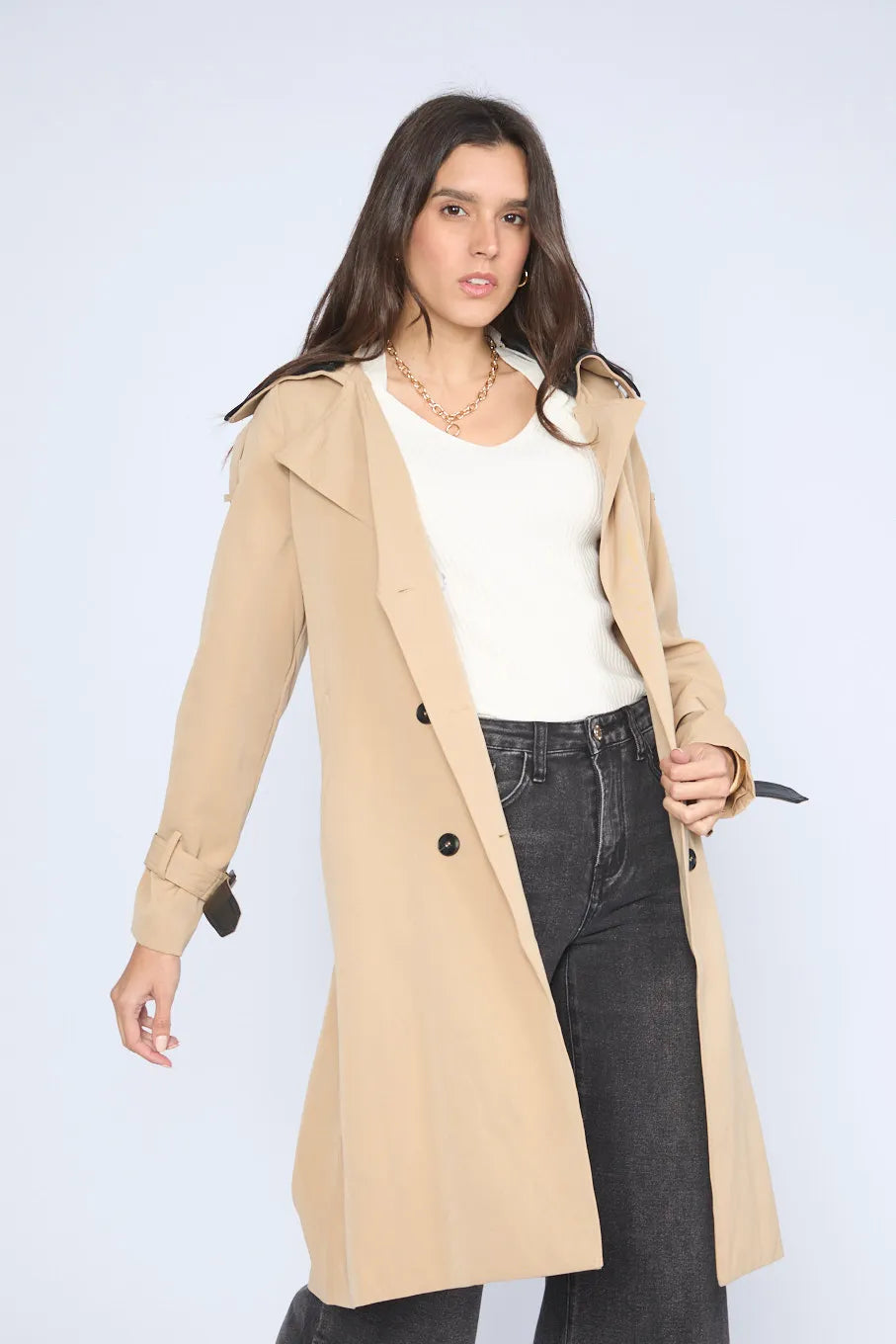 Long Trench Coat with Eco-Leather Collar